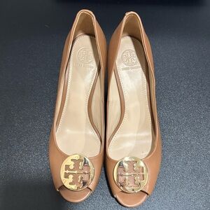 Tory Burch Logo Peep Toe Wedges.